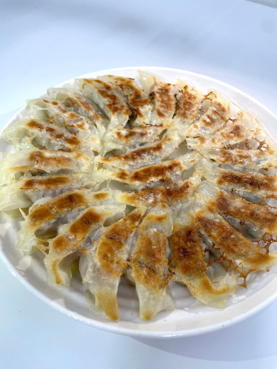 皿に盛られた焼き上がりの鉄なべ餃子